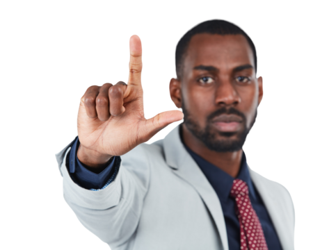 An assertive or a positive young afro american businessman or entrepreneur giving a review and feedback and shows the gesture of an L sign isolated on a png background.
