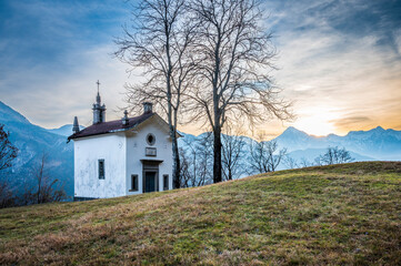 Chiusaforte and the little church of Raunis seen from above. Friuli