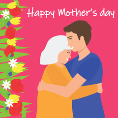 Square card or banner for Mother's Day. Old mother and adult son. Vector illustration
