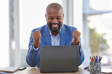 Happy black man, laptop and celebration for winning, sale or good news on discount at the office...