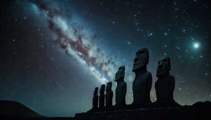 Silhouette of Ahu Tongariki, Easter Island, Chile at night. Generative AI - obrazy, fototapety, plakaty