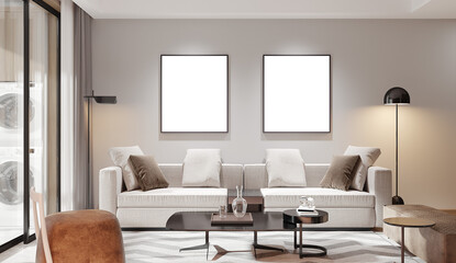 Fototapeta premium Mock up poster frame in modern living room interior. 3D illustration