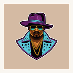 Pimp in purple hat and sunglasses isolated. Hustler sports logo mascot - obrazy, fototapety, plakaty