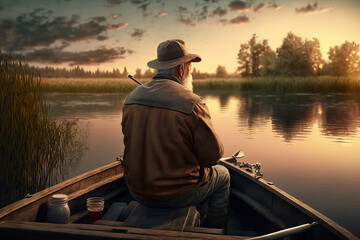 Fisherman sitting in a boat on a lake at sunset. Generative AI