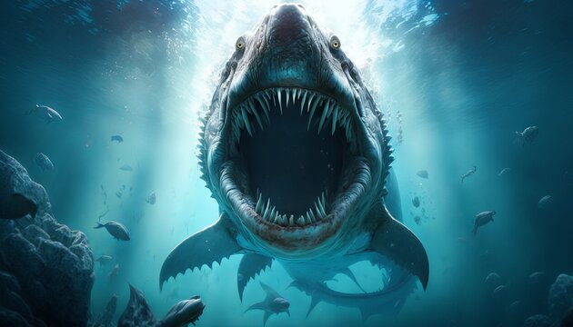 Great dinosaur shark. Generative AI. Underwater world.