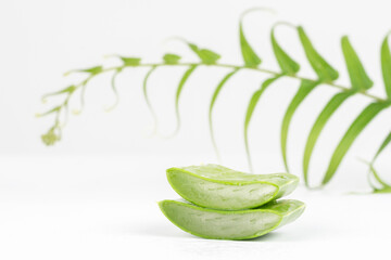 Fresh aloe vera leaves and slices isolate against white background for health and beauty products.
