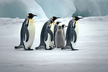 Penguins Huddled on a Frozen Lake in Snowy Landscape, Ai Genrative