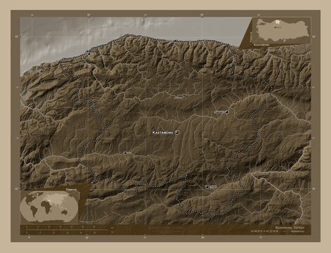 Kastamonu, Turkiye. Sepia. Labelled points of cities