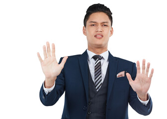 A businessman or cooperating employee with an angry face warning the forbidden hand gesture and safety isolated on a png background