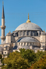 Blue mosque in Sultanahmet neighborhood. Istambul historic landmark, Turkey