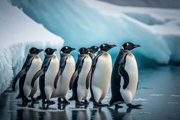Penguins Huddled on a Frozen Lake in Snowy Landscape