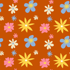 Bohemian floral Summer pattern in retro style 70s on a dark orange. Vector seamless background with flowers in boho style.