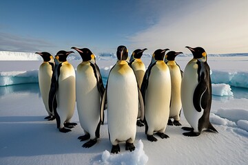 Penguins Huddled on a Frozen Lake in Snowy Landscape