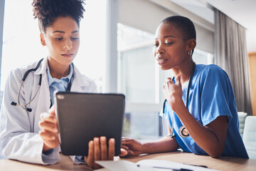 Tablet, black people or nurses with medical research reading news or tests results in hospital...