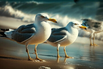 Fototapeta na wymiar seagulls on the beach against the background of the sea, summer day, generative ai.