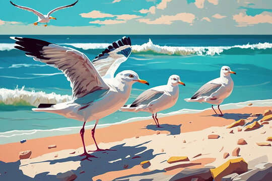 seagulls on the beach against the background of the sea, summer day, generative ai.