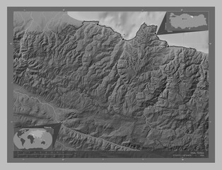 Ordu, Turkiye. Grayscale. Labelled points of cities