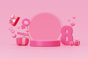 Cylinder pedestal podium with pink gold circle and gift box have balloons 8 march international women sale promotion offer, women's day empty scene for product pink background 3d