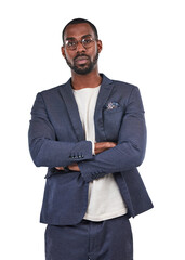 An assertive young business tycoon in a designer luxurious suit and trendy glasses standing with his hands crossed in a positive attitude isolated on a png background.