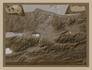 Sakarya, Turkiye. Sepia. Labelled points of cities