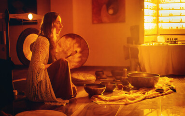 beautiful woman playng on tibetan bowl and shaman drum, ceremonial space.