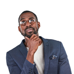 A young afro business manager with giving a nerd or interrogative expression innovative ideas, strategy planning thinking with a curious facial expression isolated on a png background.