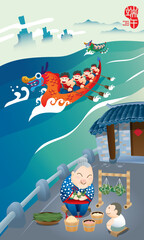 Obraz premium Vector of energetic men racing boat in the river, and an old woman making rice dumplings (Zongzi) with her grand son. Chinese word means dragon boat festival.