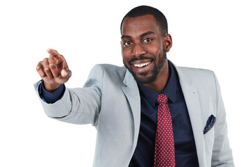 A confident young business manager smiling and pointing his finger at a copy space or a sales deal as a promotion or recommendation isolated on a png background.