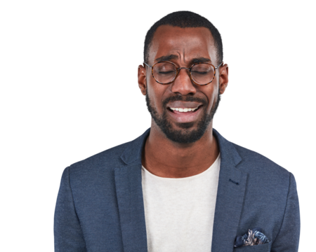 A tensed black business consultant or a stock broker in grief depression or stressed and upset for financial crisis, stock market crash isolated on a png background.