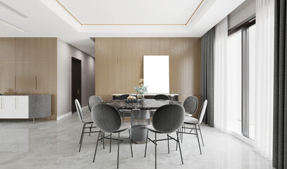 Mock up poster frame in modern dining room interior. 3D illustration
