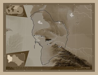 Balkan, Turkmenistan. Sepia. Labelled points of cities