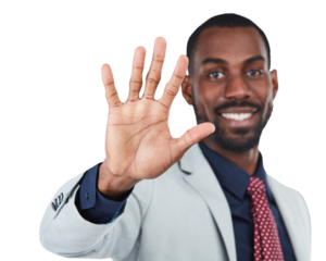 A confident young black businessman or an employee in business formals waving his hands with gesture, greeting and happiness isolated on a png background.