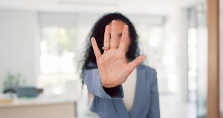 Business woman and face with stop hand for assertive and serious gesture for rejection at...