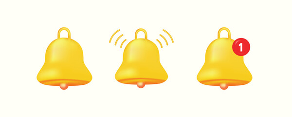 3d notification bell icon set isolated on white background. 3d render yellow ringing bell with new notification for social media reminder. Realistic vector icon