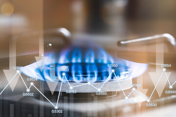 burning gas burner and graphs with data, reduction in natural gas prices