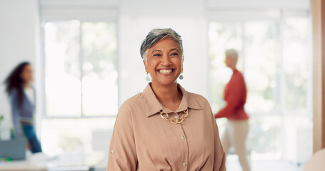 Senior business woman, leadership and smile for management, vision or success at the office. Portrait of elderly female CEO smiling in happiness for creative corporate startup at the workplace