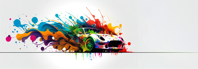 Racing super car illustration for competition banner and poster, colorful splash art on white background, copy space. Generative AI