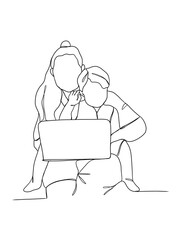 Continuous one line drawing of mom holding baby. Vector illustration.