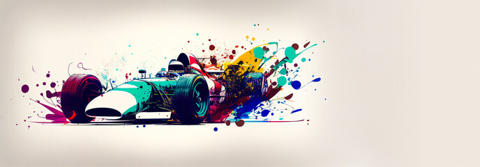 Racing vintage formula car colorful illustration for competition  banner and poster, splash art on white background, copy space. Generative AI