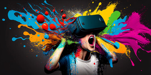 Person with VR headset banner, open mouth excited expression, splash art colors from glasses, banner on black background, generative AI model