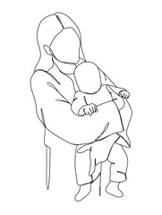 Continuous one line drawing of mom holding baby. Vector illustration.
