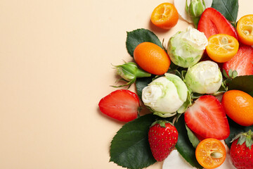 Flowers and fresh food on beige background, space for text