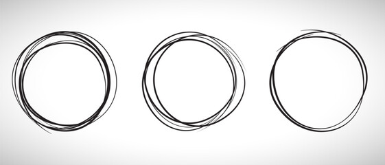 Black circle line hand drawn set. Highlight hand drawing circle isolated on background. Round handwritten circle. For marking text, note, mark icon, number, marker pen, pencil and text check, vector