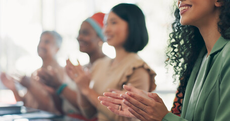 Success, business meeting and team clapping hands for an achievement, celebration or...