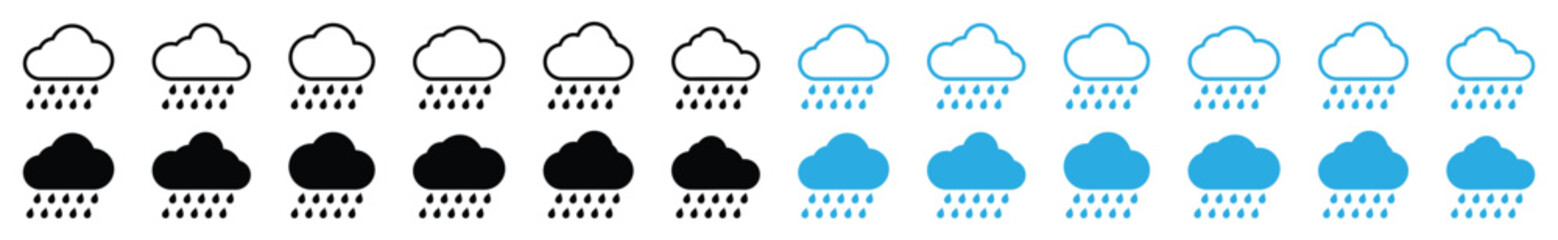 Rain weather icon set. Heavy rain weather icons collection. Rainfall icon symbol. Raindrops and clouds symbol in line and flat style for apps and websites, vector illustration