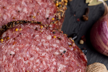 Sliced salami using pork meat with spices