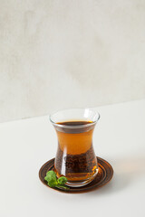 Concept of traditional turkish brewed hot drink, turkish tea, space for text