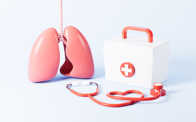 Stethoscope and lungs in the blue background, Medical concept, 3d rendering. - obrazy, fototapety, plakaty