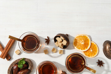 Concept of traditional turkish brewed hot drink, turkish tea, space for text