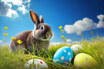 Easter bunny and colorful eggs in a grass on a sunny spring day, copy space. AI